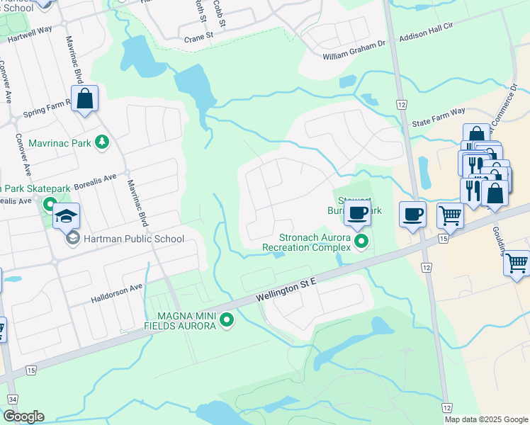 map of restaurants, bars, coffee shops, grocery stores, and more near 55 Holladay Drive in Aurora