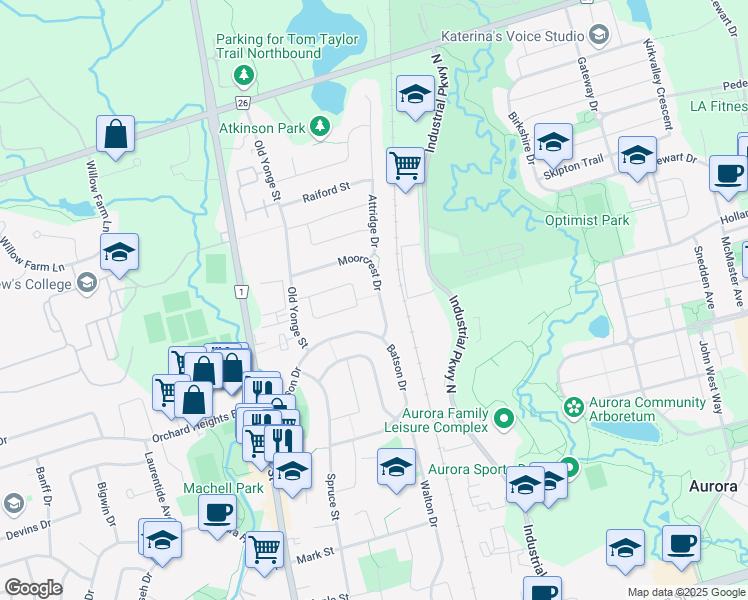 map of restaurants, bars, coffee shops, grocery stores, and more near 24 Moorcrest Drive in Aurora
