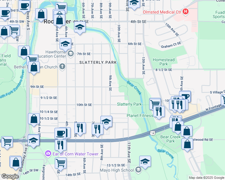 map of restaurants, bars, coffee shops, grocery stores, and more near 906 9th Avenue Southeast in Rochester