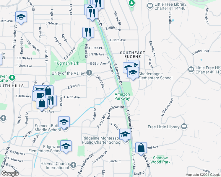 map of restaurants, bars, coffee shops, grocery stores, and more near 4019 Dillard Road in Eugene