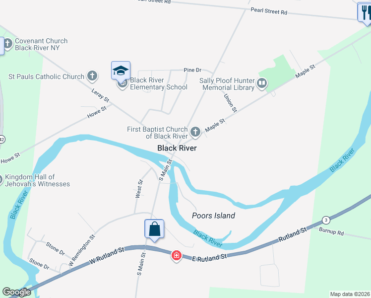 map of restaurants, bars, coffee shops, grocery stores, and more near 110 Maple Street in Black River