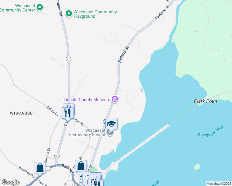 map of restaurants, bars, coffee shops, grocery stores, and more near Federal Street in Wiscasset