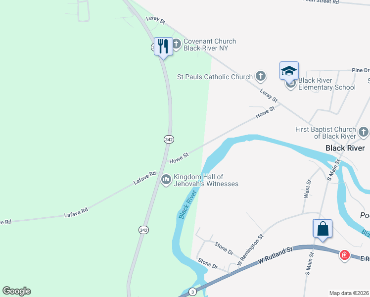 map of restaurants, bars, coffee shops, grocery stores, and more near 28169 Howe Street in Black River