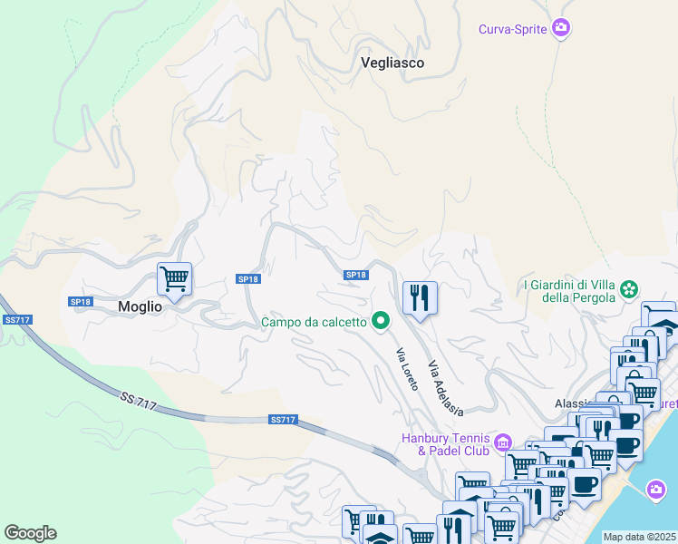 map of restaurants, bars, coffee shops, grocery stores, and more near 82-141 Via Leonpancaldo in Alassio