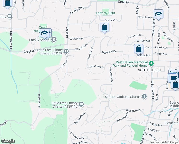 map of restaurants, bars, coffee shops, grocery stores, and more near 695 Deertrail Road in Eugene