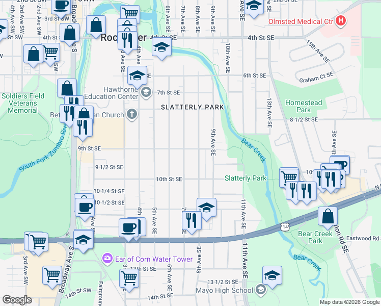 map of restaurants, bars, coffee shops, grocery stores, and more near 859 8th Avenue Southeast in Rochester