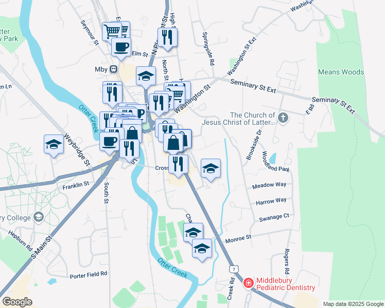 map of restaurants, bars, coffee shops, grocery stores, and more near 150 Mary Hogan Drive in Middlebury