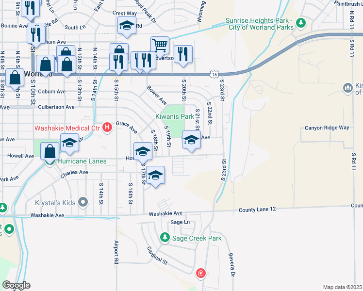 map of restaurants, bars, coffee shops, grocery stores, and more near 1901 Howell Avenue in Worland