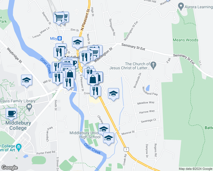 map of restaurants, bars, coffee shops, grocery stores, and more near 89 Mary Hogan Drive in Middlebury