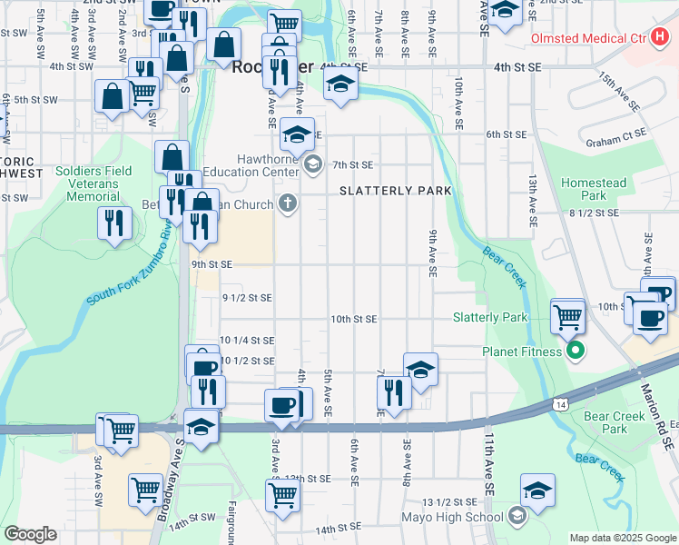 map of restaurants, bars, coffee shops, grocery stores, and more near 512 9th Street Southeast in Rochester