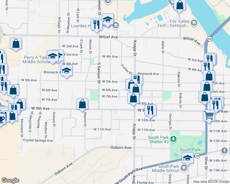 map of restaurants, bars, coffee shops, grocery stores, and more near 1065 West 5th Avenue in Oshkosh
