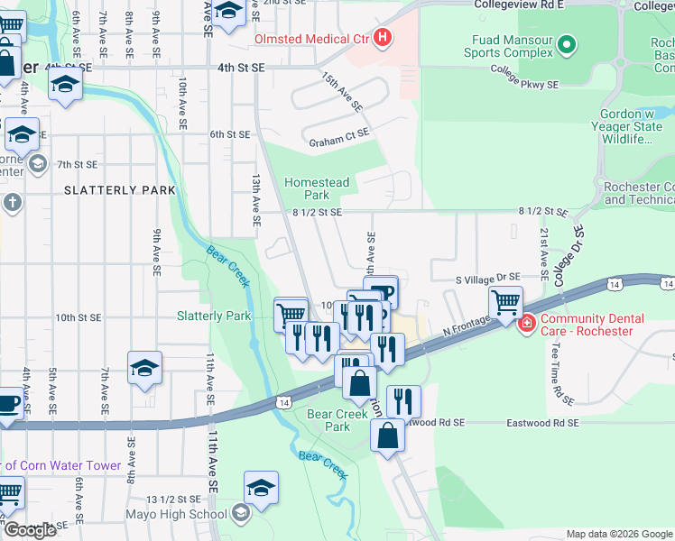 map of restaurants, bars, coffee shops, grocery stores, and more near 922 Homestead Village Lane Southeast in Rochester
