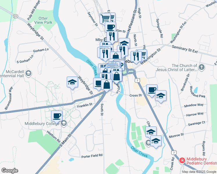 map of restaurants, bars, coffee shops, grocery stores, and more near 5 Park Street in Middlebury