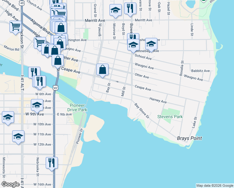 map of restaurants, bars, coffee shops, grocery stores, and more near 616 Poplar Avenue in Oshkosh