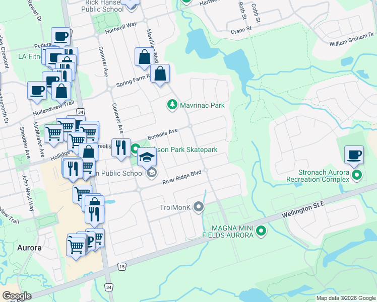 map of restaurants, bars, coffee shops, grocery stores, and more near 23 Abbott Avenue in Aurora