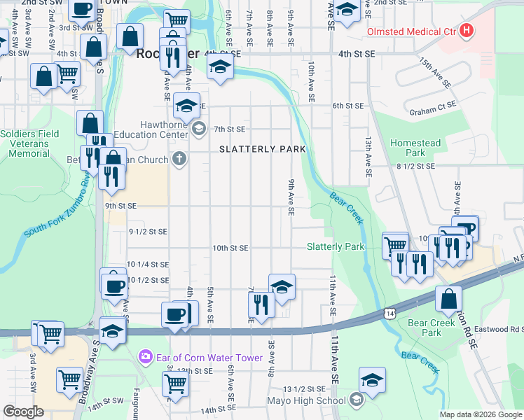 map of restaurants, bars, coffee shops, grocery stores, and more near 859 8th Avenue Southeast in Rochester