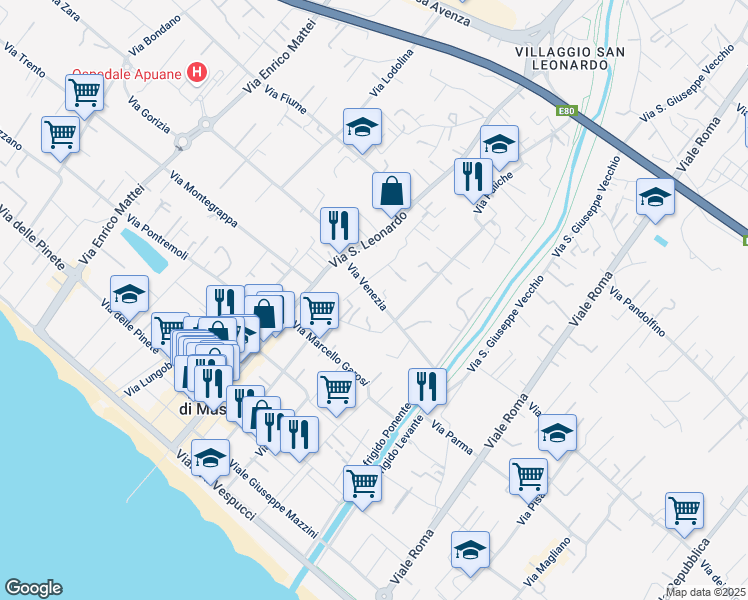 map of restaurants, bars, coffee shops, grocery stores, and more near 24 Via Venezia in Marina di Massa