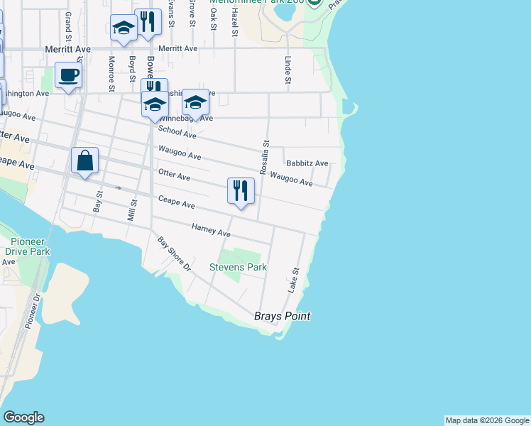 map of restaurants, bars, coffee shops, grocery stores, and more near 131 Rosalia Street in Oshkosh