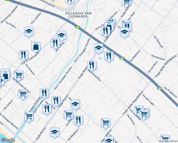 map of restaurants, bars, coffee shops, grocery stores, and more near 283 Viale Roma in Massa