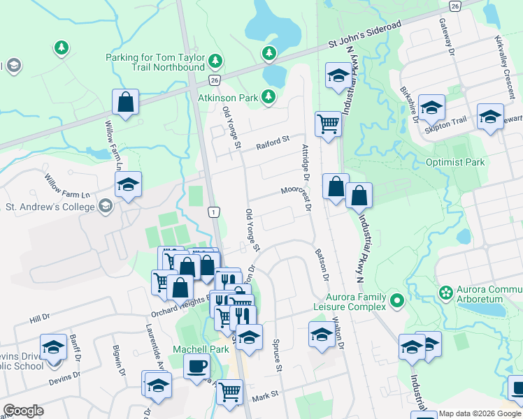 map of restaurants, bars, coffee shops, grocery stores, and more near 72 Moorcrest Drive in Aurora