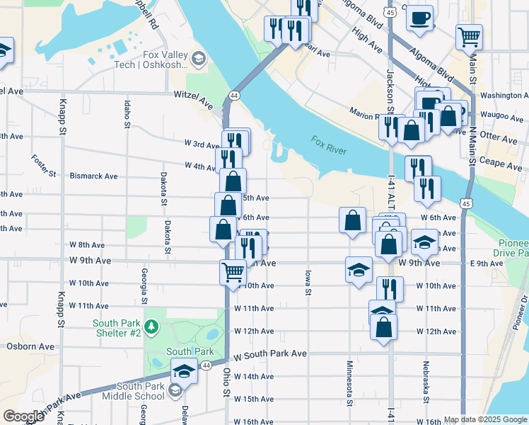 map of restaurants, bars, coffee shops, grocery stores, and more near 447 West 5th Avenue in Oshkosh