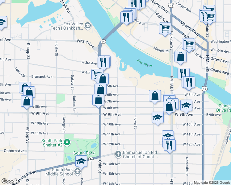 map of restaurants, bars, coffee shops, grocery stores, and more near 523 West 5th Avenue in Oshkosh