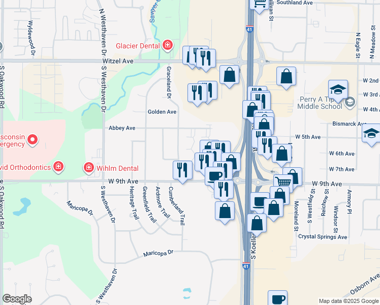 map of restaurants, bars, coffee shops, grocery stores, and more near 2132 West 9th Avenue in Oshkosh