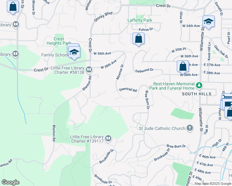 map of restaurants, bars, coffee shops, grocery stores, and more near 3912 Monroe Street in Eugene