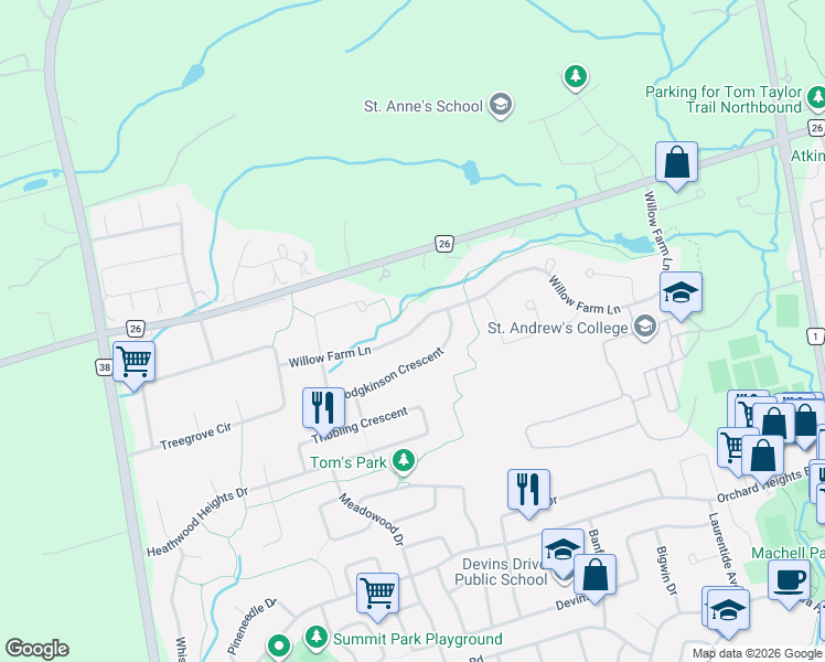 map of restaurants, bars, coffee shops, grocery stores, and more near 156 Willow Farm Lane in Aurora
