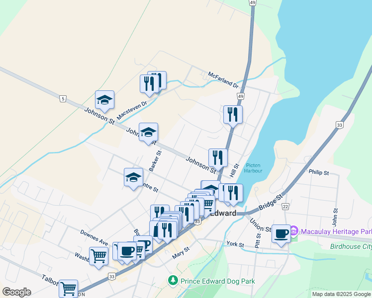map of restaurants, bars, coffee shops, grocery stores, and more near 22 Maple Avenue in Prince Edward