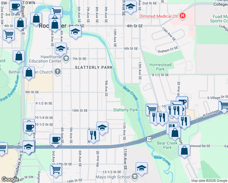 map of restaurants, bars, coffee shops, grocery stores, and more near 909 9th Street Southeast in Rochester