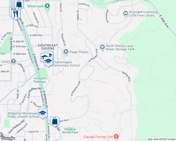 map of restaurants, bars, coffee shops, grocery stores, and more near 3926 Shasta View Street in Eugene