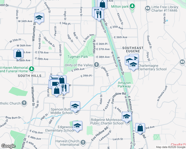 map of restaurants, bars, coffee shops, grocery stores, and more near 3930 Hilyard Street in Eugene