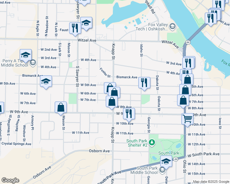 map of restaurants, bars, coffee shops, grocery stores, and more near 929 West 5th Avenue in Oshkosh