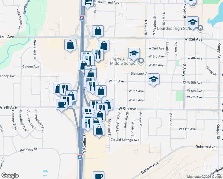 map of restaurants, bars, coffee shops, grocery stores, and more near 511 South Westfield Street in Oshkosh
