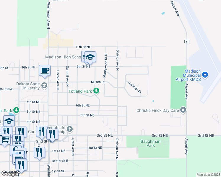 map of restaurants, bars, coffee shops, grocery stores, and more near 915 8th Street Northeast in Madison