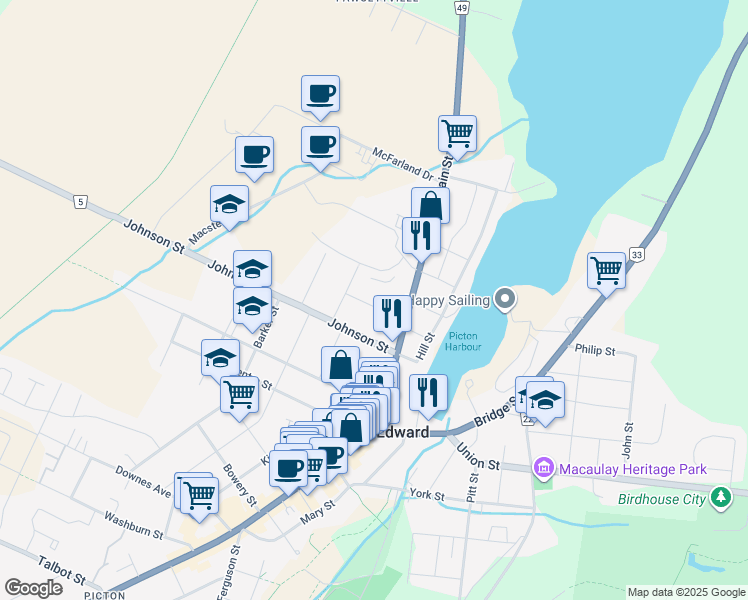 map of restaurants, bars, coffee shops, grocery stores, and more near 12 Maple Avenue in Prince Edward County