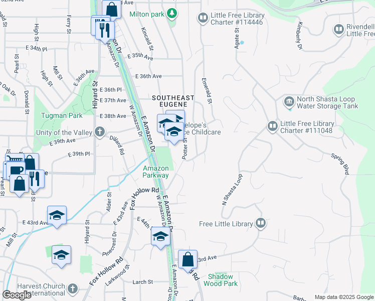 map of restaurants, bars, coffee shops, grocery stores, and more near 3860 University Street in Eugene