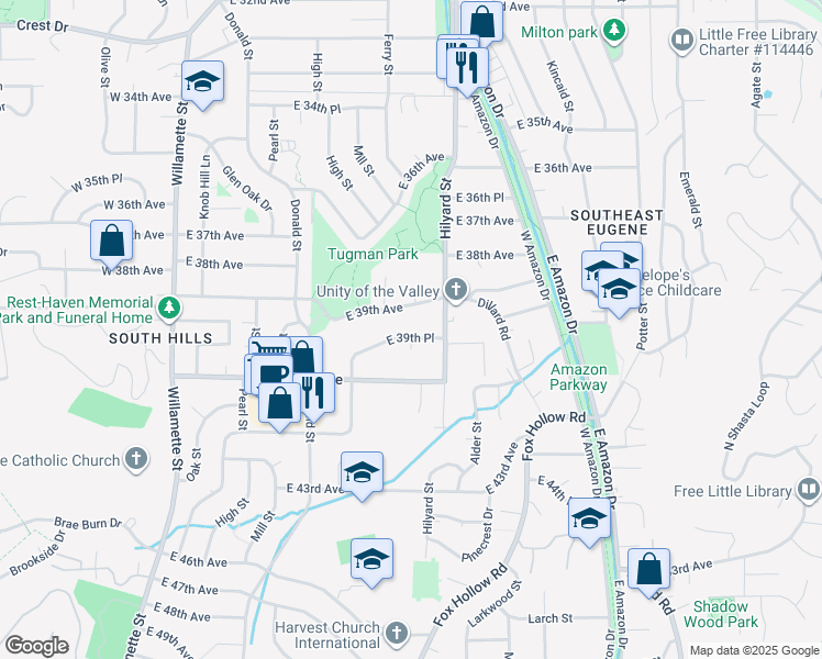 map of restaurants, bars, coffee shops, grocery stores, and more near 637 East 39th Place in Eugene