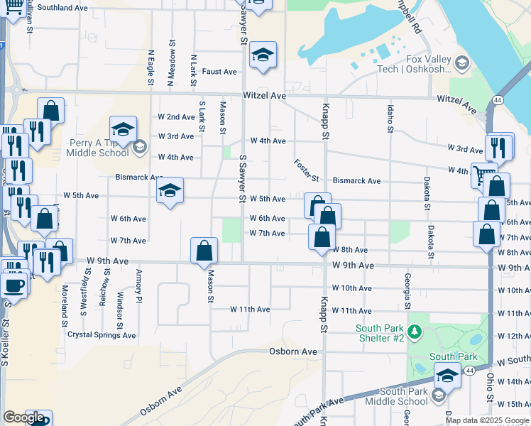 map of restaurants, bars, coffee shops, grocery stores, and more near 1136 West 6th Avenue in Oshkosh