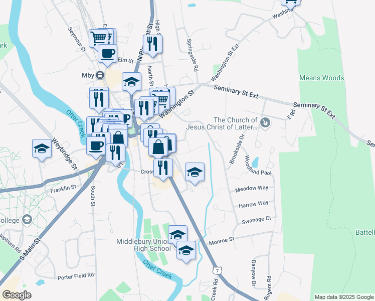 map of restaurants, bars, coffee shops, grocery stores, and more near 77 Mary Hogan Drive in Middlebury