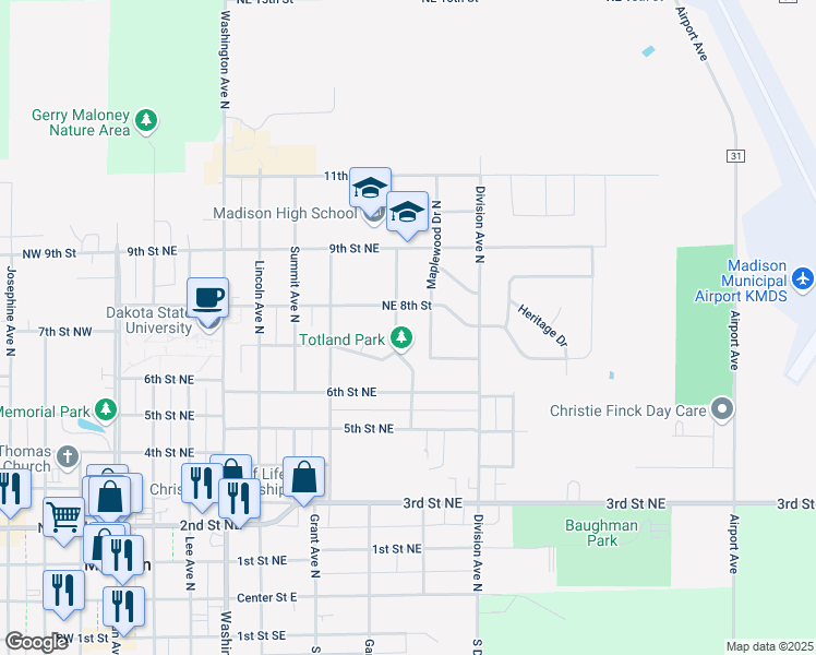 map of restaurants, bars, coffee shops, grocery stores, and more near 801-817 North Roosevelt Avenue in Madison
