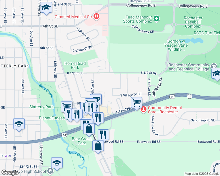 map of restaurants, bars, coffee shops, grocery stores, and more near 931 West Village Circle in Rochester