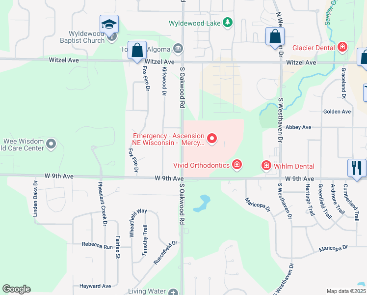 map of restaurants, bars, coffee shops, grocery stores, and more near 500 South Oakwood Road in Oshkosh