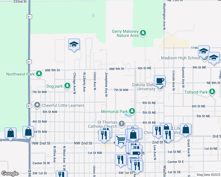 map of restaurants, bars, coffee shops, grocery stores, and more near 310 7th Street Northwest in Madison