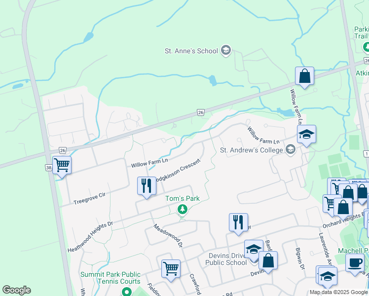 map of restaurants, bars, coffee shops, grocery stores, and more near 156 Willow Farm Lane in Aurora