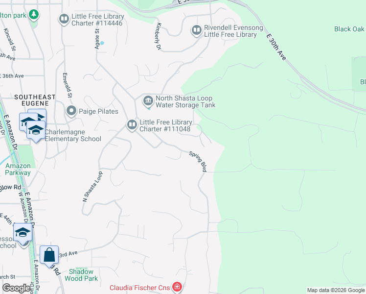 map of restaurants, bars, coffee shops, grocery stores, and more near 3850 Woodson Court in Eugene