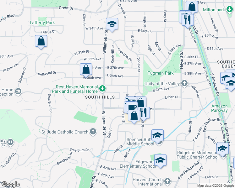 map of restaurants, bars, coffee shops, grocery stores, and more near 180 East 39th Place in Eugene
