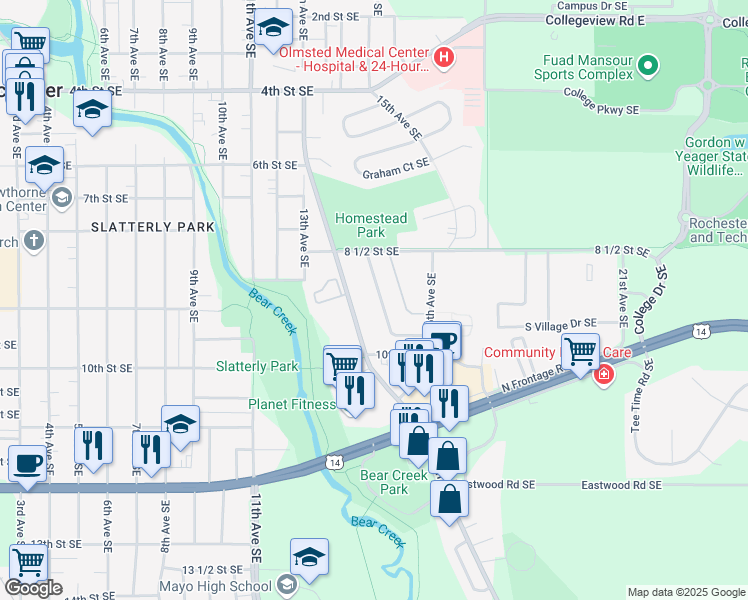 map of restaurants, bars, coffee shops, grocery stores, and more near 899 Homestead Village Lane Southeast in Rochester