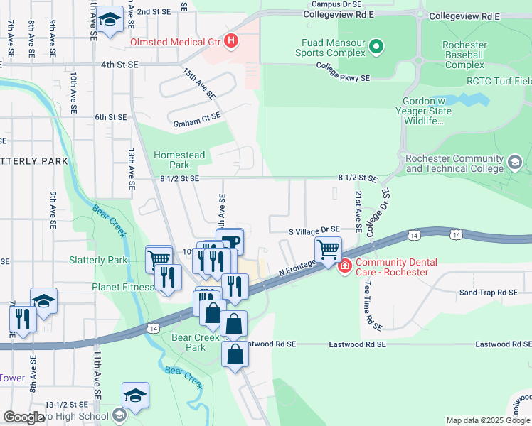 map of restaurants, bars, coffee shops, grocery stores, and more near 931 West Village Circle in Rochester